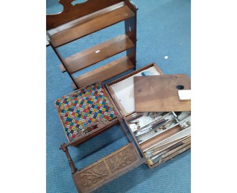 A vintage paint set and contents together with a small oak wall three tier shelf unit, a carved tantalus (decanters missing) 