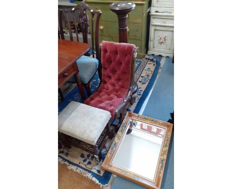 Small furniture comprising a small slipper chair, an oak stool with tapestry top and a mahogany torchereLocation: RAB 
