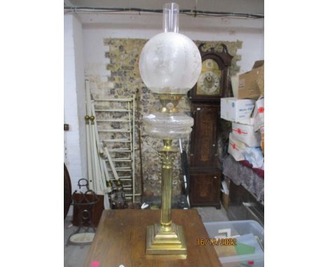 A Victorian gilt brass Corinthian column Duplex oil lamp by Hinks, with cut glass reservoir, and etched globular shade Locati