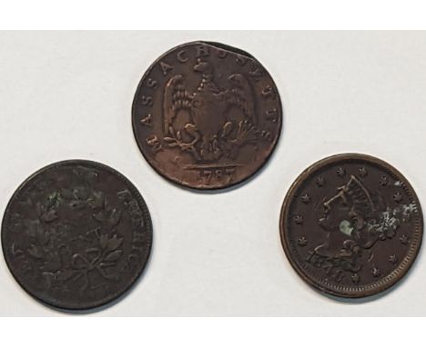 USA - a 1787 Massachusetts Commonwealth, one cent coin, obverse, American Eagle with shield, reverse Native American, with bo