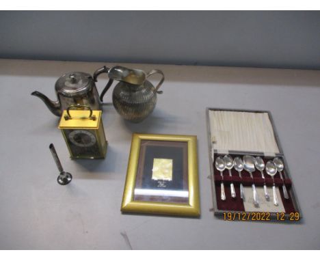 A mixed lot to include a Mary Rose Staffa Scotland 22k gold plated stamp, vintage brass carriage clock, silver plated jug and