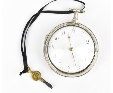 A George III silver pair cased pocket watch having a white enamel dial A/F, with gilt hands and Arabic numerals, the fusee mo