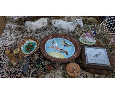 A mixed lot to include Majolica bird and prunus pattern dish, 1930s oak barometer, two Beswick horses and other items 