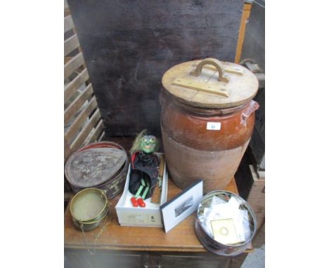 A mixed lot to include a large brown glazed pottery storage jar with wooden lid, Asian wooden box with mother of pearl inlay 