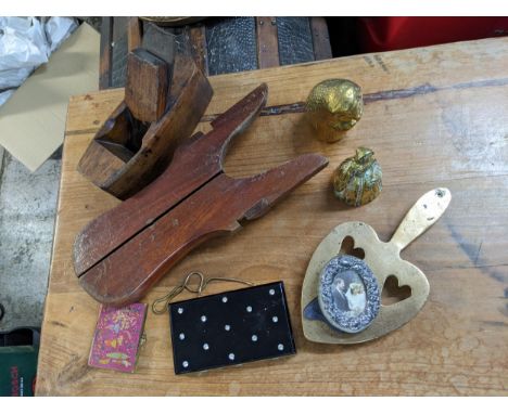 Collectables to include a folding bootjack, with a boot hook, a modern small silver photograph frame, a model hedgehog, a com