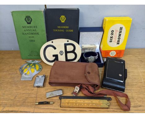 A mixed lot to include a boxed six-20 folding brownie 1940/50s Rotary watch, AA badge and hip flask 