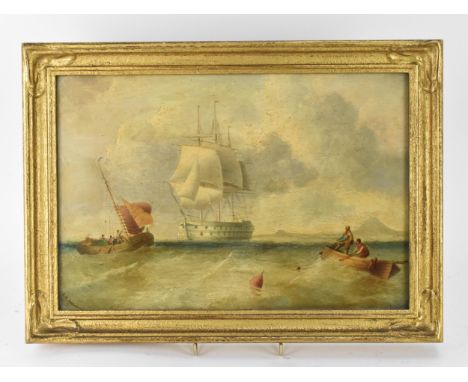 19th Century Scottish school- maritime scene with ships at sea and fishermen, signed lower left 'B.M Drummond', oil on panel,