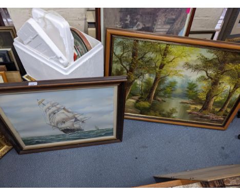Pictures to include two river scenes, oil on canvas, a galleon and a print Location: 