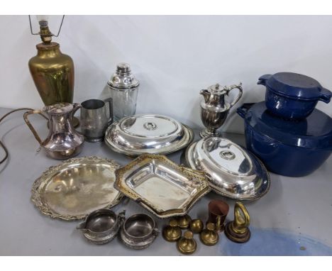 A mixed lot to include silver plated tureens, cocktail shaker, table lamp, Decca Danish cooking pots and other itemsLocation: