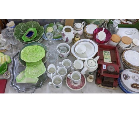 A mixed lot to include Portmerion, treen models of a truck, cabbage ware plates, decanters, Grafton Biarritz patter dinner/te