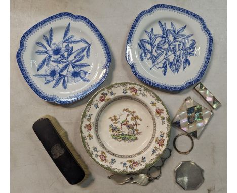 Mixed collectables to include Spode china, a silver compact mother of pearl handled opera glasses, card box A/F and a dressin