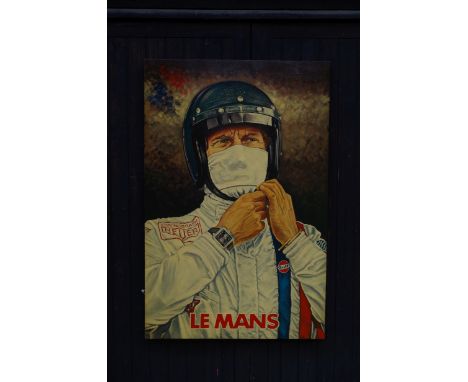 'Steve Mcqueen', an artwork on canvas,modern, acrylic on canvas, depicting the 'king of cool' in his Le Mans Gulf Porsche ove