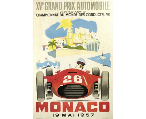 A 1957 Monaco Grand Prix poster,lithographic poster printed by A.D.I.A. of Nice, featuring artwork after J.Ramel, laid on lin