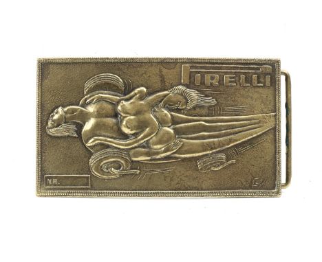 A rare Pirelli belt buckle designed by Salvador Dali (1904-1989), British, circa 1970,polished brass, the front with erotic '