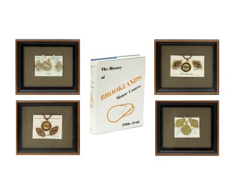Four matching sets of Brooklands Automobile Racing Club member's and guest's lapel badges 1909-1912,each display mounted on e
