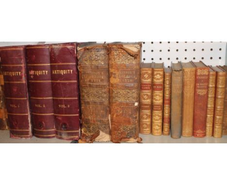 A large selection of leather bound volumes including Waverley novels, Thomlinson's Encyclopedia, The Diary of Samuel Pepys an