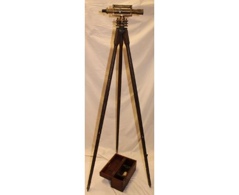 A good quality brass surveyor's theodolite by John Davis & Son Derby in fitted wooden case with wooden folding tripod 