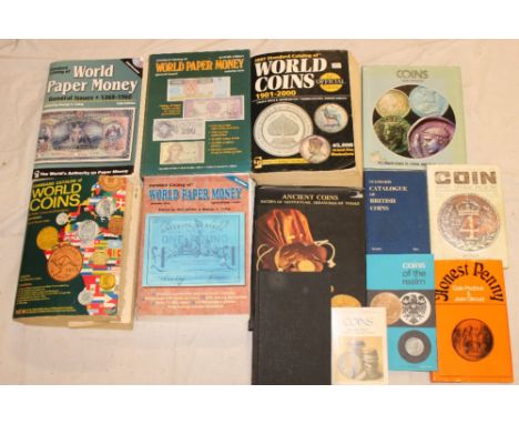 Various coin and banknote catalogues and volumes including World Paper Money, Standard Catalogue of World Coins, Ancient Coin