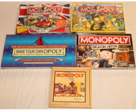 Five Monopoly board games, mainly sealed and unopened including The Simpsons, Here and Now UK Edition, Cheaters Edition, Make