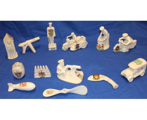 A selection of First War military-related souvenir crested china including Vickers machine gunner, sentry, sailor with rope, 