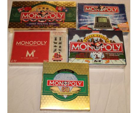 Five Monopoly board games, mainly sealed and unopened including Limited Hong Kong Edition, Stock Exchange, 80th Anniversary E