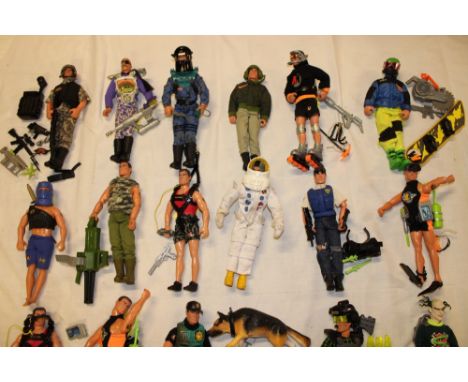 A selection of Action Men, mainly complete including Crime Buster and Raid, Apollo 13, Roller Extreme, Street Combat, Deep Wa