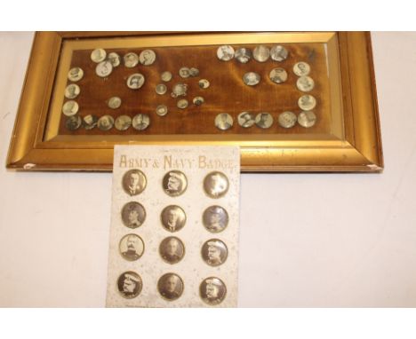 Twelve Boer War patriotic pin badges "The Army and Navy Badge" on original sales card and a framed display of Boer War patrio
