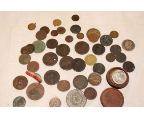 A selection of mainly 18th and 19th century copper coinage, tokens, 1797 cartwheel penny, medallions etc 