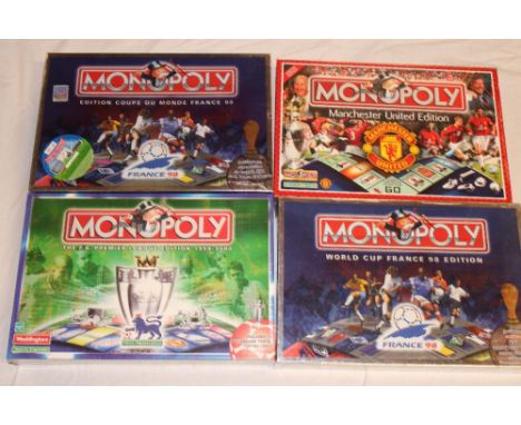 Four sealed and unopened Monopoly football related board games including World Cup France 98, FA Premier League 1999-2000, Ma