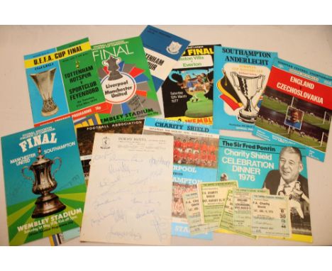 A selection of various football programmes and memorabilia including Manchester United team autographs 1971-72 including Denn