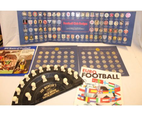Two FA Cup Centenary 1972 folders containing sets of football medallions, Esso collection of football club badges, Joe Mercer