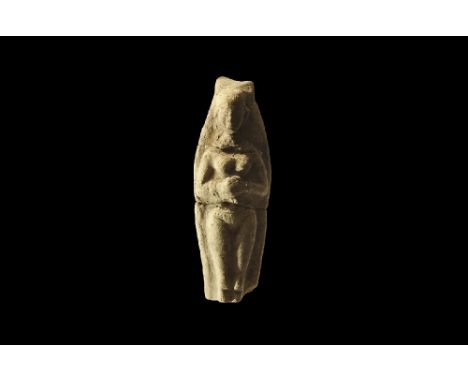 1st millennium BC. 
A ceramic plaque with standing female nude modelled in the half-round, hands clasped to the midriff. 51 g