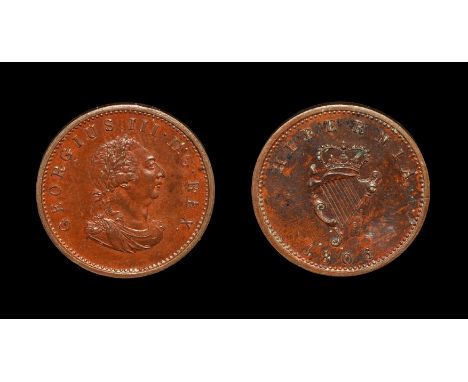 Dated 1806 AD. Obv: profile bust with GEORGIUS III D G REX legend. Rev: crowned harp with date (no stop after) below and HIBE