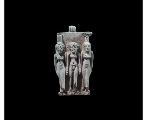 Saite Period, 624-525 BC. 
A pale blue glazed composition amulet of the Memphis triad: Sekhmet, Ptah and Nefertum. 3.28 grams