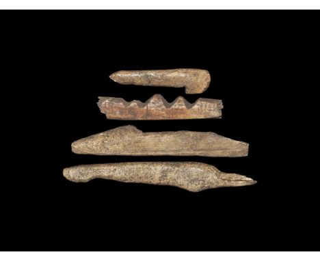 Neolithic, 4th-3rd millennium BC. 
A mixed group of bone tools comprising: three tanged harpoon tips, each with a barb; a D-s