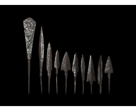 12th-15th century AD.
A mixed group of iron arrowheads comprising: one triangular-section, tanged; one chisel-type, tanged; f