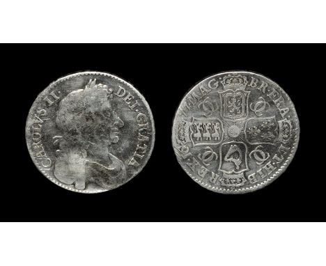 Dated 1677 AD. Fourth bust. Obv: profile bust with CAROLVS II DEI GRATIA legend. Rev: cruciform arms with eight harp strings 