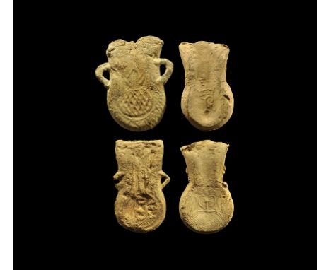 13th-14th century AD. 
A mixed group of lead pilgrims' ampullae comprising: one with lateral loops, crown of hatched backgrou