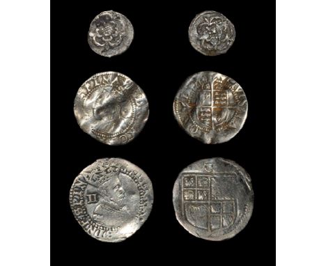 16th-17th century AD. Group comprising: Elizabeth I, three halfpence, 1562. Obv: profile bust with rose behind and E D G ROSA