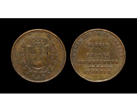 Dated 1860 AD. Obv: crowned arms within wreath with date below. Rev: with SAGGIO / DI / BRONZO / NICHELIFERO / CU 95 NI 5 in 