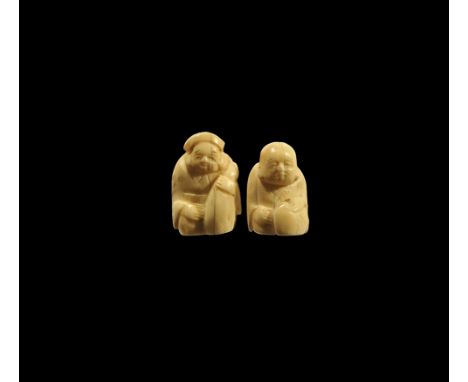 19th century AD.
A pair of hollow tooth or bone netsuke carvings, depicting two of the Seven Gods of Good Fortune (Shichifuku