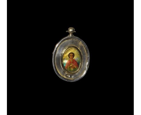 19th century AD. 
An oval icon of St. Panteleimon (Пантелеимон)) painted on mother-of-pearl in a silver riza, stamped '84' an