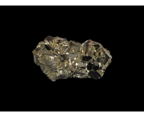 . A finely crystallised group of pyrite crystals with 'cube modified by octahedron' crystallisation and bright faces, from th