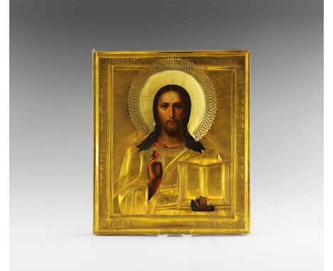 19th century AD. 
A rectangular wooden icon with tempera painted scene of Christ Pantocrator (Христос Пантократор) covered by