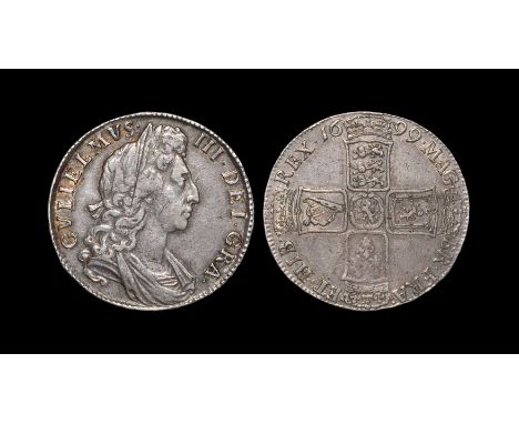 Dated 1699 AD. First bust modified. Obv: profile bust with GVLIELMVS III DEI GRA legend. Rev: cruciform arms with MAG BR FRA 