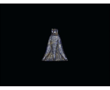Late Period, 664-332 BC.
A lapis lazuli amuletic pendant of a lotus flower with ribbed loop. 0.86 grams, 14mm (1/2"). Very fi