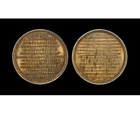 Dated 1830 AD. Privately commissioned. Obv: inscribed IN / COMMEMORATION / OF THE FIFTIETH / ANNIVERSARY OF THE / WEDDING DAY