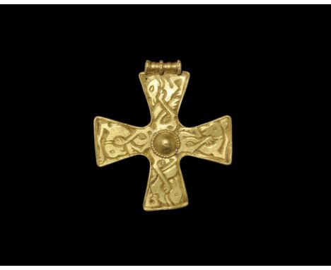 9th century AD.
A flat-section gold cross with expanding arms, ribbed loop with three rows of beaded wire; to the centre a ra