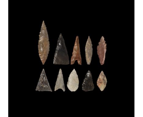 Neolithic, 4th-2nd millennium BC.
A mixed group of Southern European /North African arrowheads, scaphoid, leaf-shaped and tri