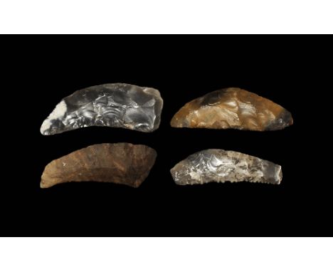 Neolithic, 4th-3rd millennium BC.
A group comprising: four bifacially knapped sickle-knives, each with curved back and concav